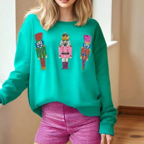 Red Casual Women's Loose Sequin Christmas Crewneck Sweater - Picture 5 of 6